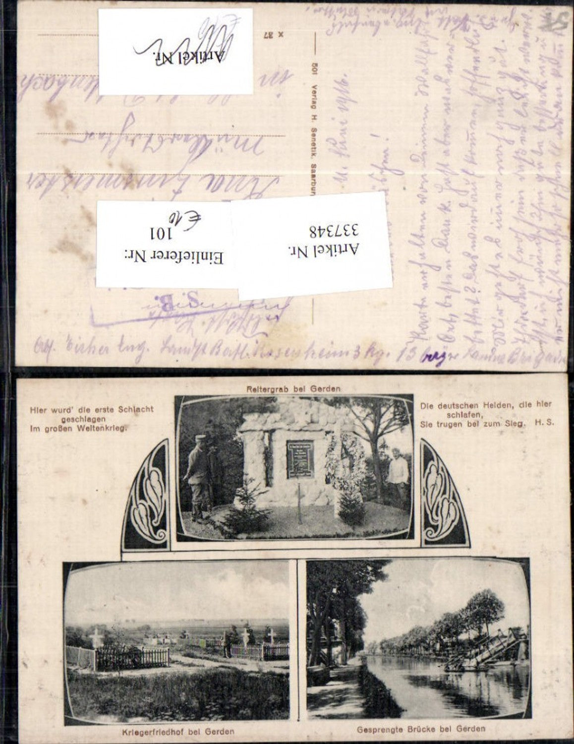 337348,Mehrbild Ak Lothringen Moselle Gerden Reitergraben Kriegerfriedhof Gesprengte Brücke WW1
