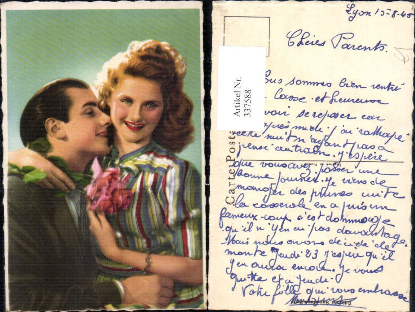 337588,Foto Ak Liebe Paar Kuss a. Hals Umarmung Rose
