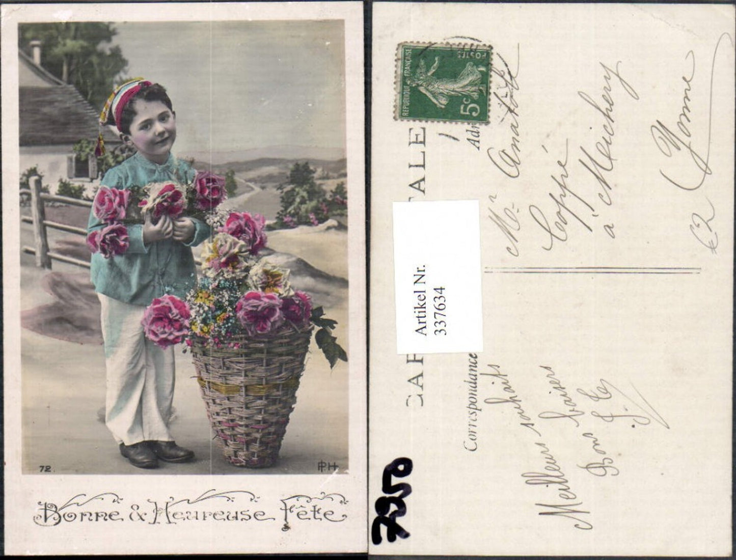 337634,Foto Ak Kind Bub Junge m. Zipfelmütze Korb Rosen Blumen