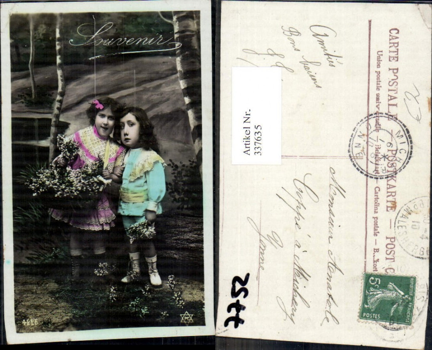 337635,Kinder Mädchen Bub Junge m. Blumen Korb Strauß Birken