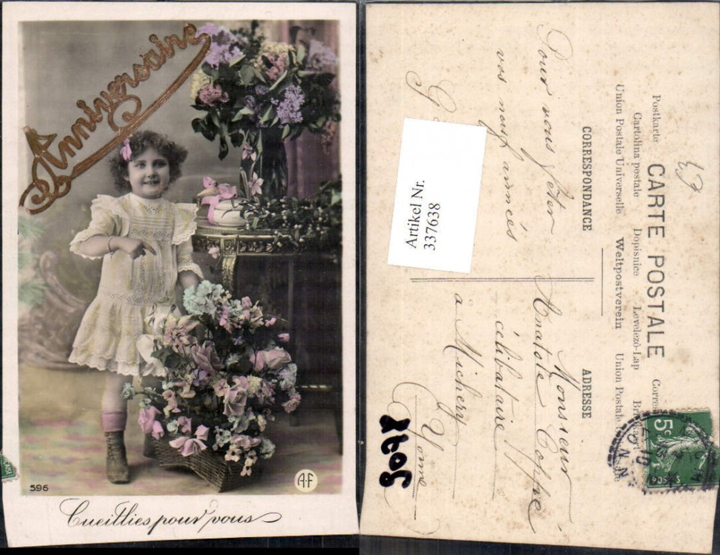 337638,Kind Mädchen Kleid Blumen Korb