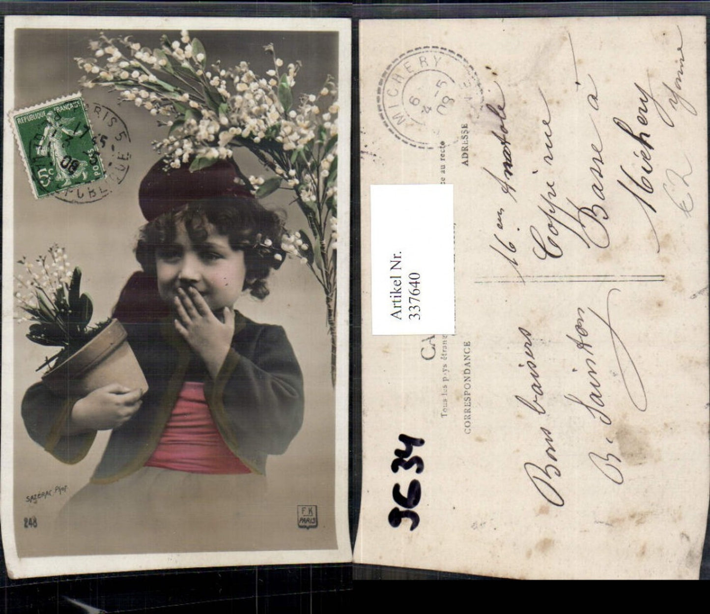 337640, Child boy with flower pot lily of the valley