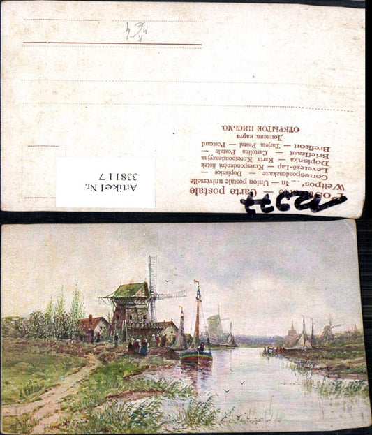 338117,Künstler Ak Windmühlen Fluss Segelboot Segelschiff Landschaft