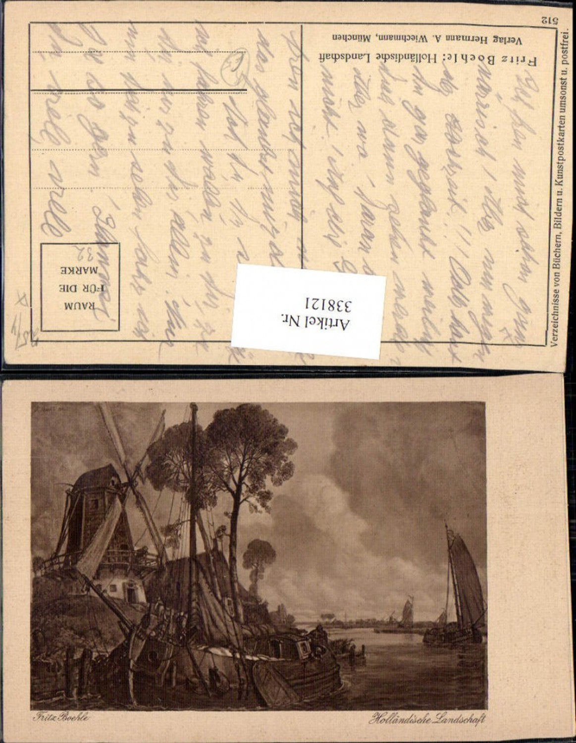 338121,Künstler Ak Fritz Boehle Holländische Landschaft Windmühle Segelschiff