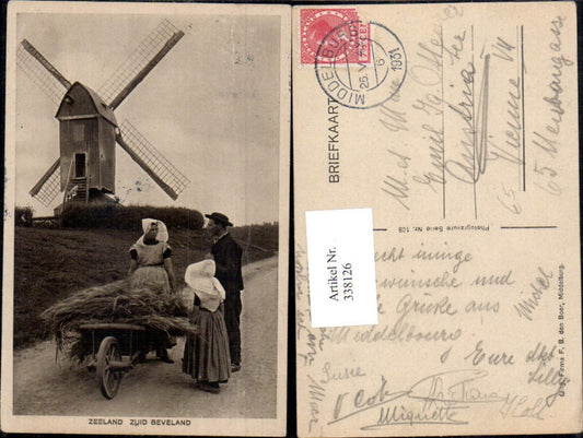 338126,Windmühle Familie Bauern Tracht Typen Zeeland Zuid Beveland Scheibtruhe Schubkarre