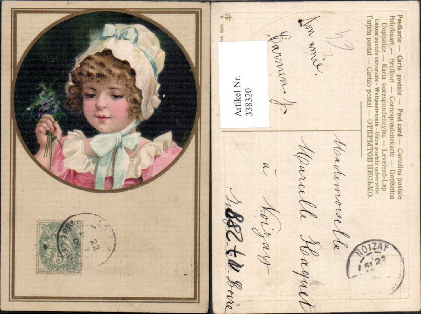 338320,Künstler Litho Kind Mädchen m. Haube Veilchen Strauß Blumen Passepartout