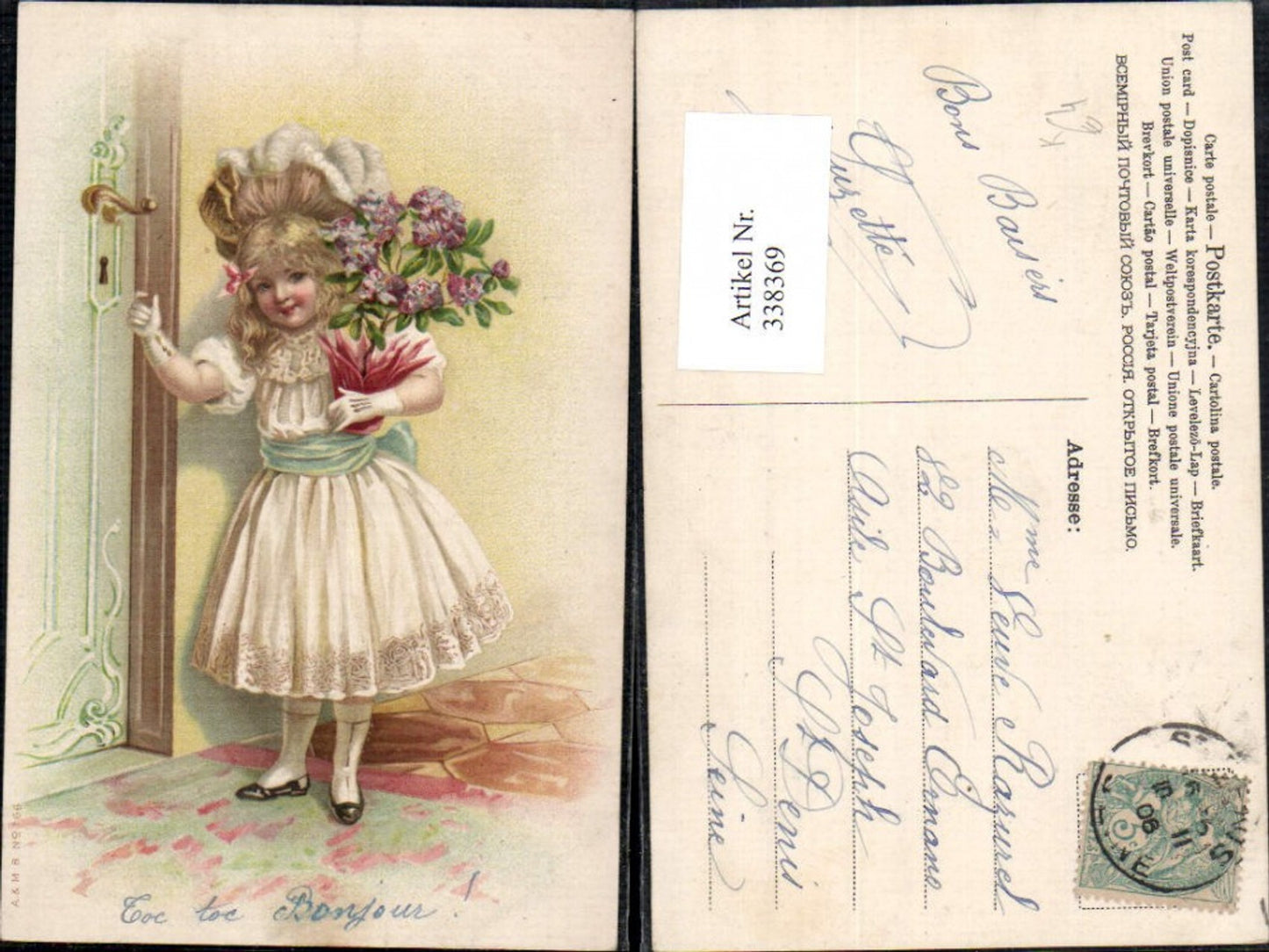 338369,Künstler Ak Kind Mädchen Kleid Hut Blumentopf klopft an Tür