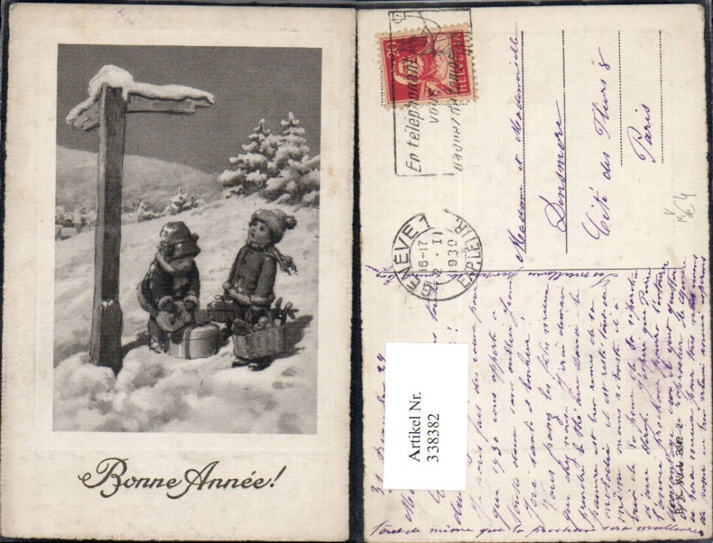 338382,Künstler Ak Kinder b. Wegweiser Korb Geschenke Pakete Winterlandschaft pub B.K.W.I. 3842/2