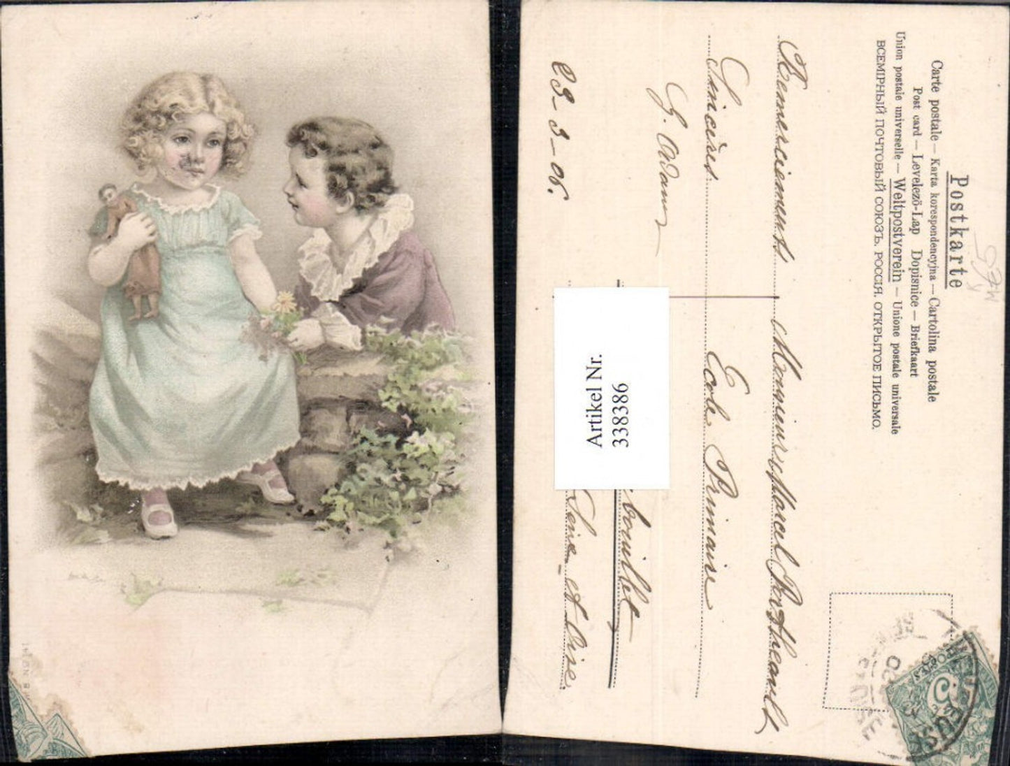 338386,Künstler Ak Kinder m. Spielzeug Puppe Blumen