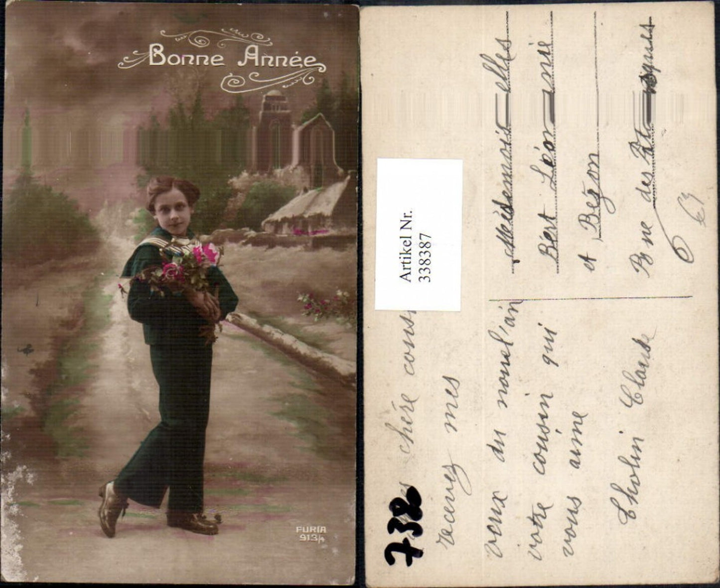 338387,Foto Ak Kind Bub Junge i. Uniform Matrosenanzug Blumenstrauß Bonne Annee