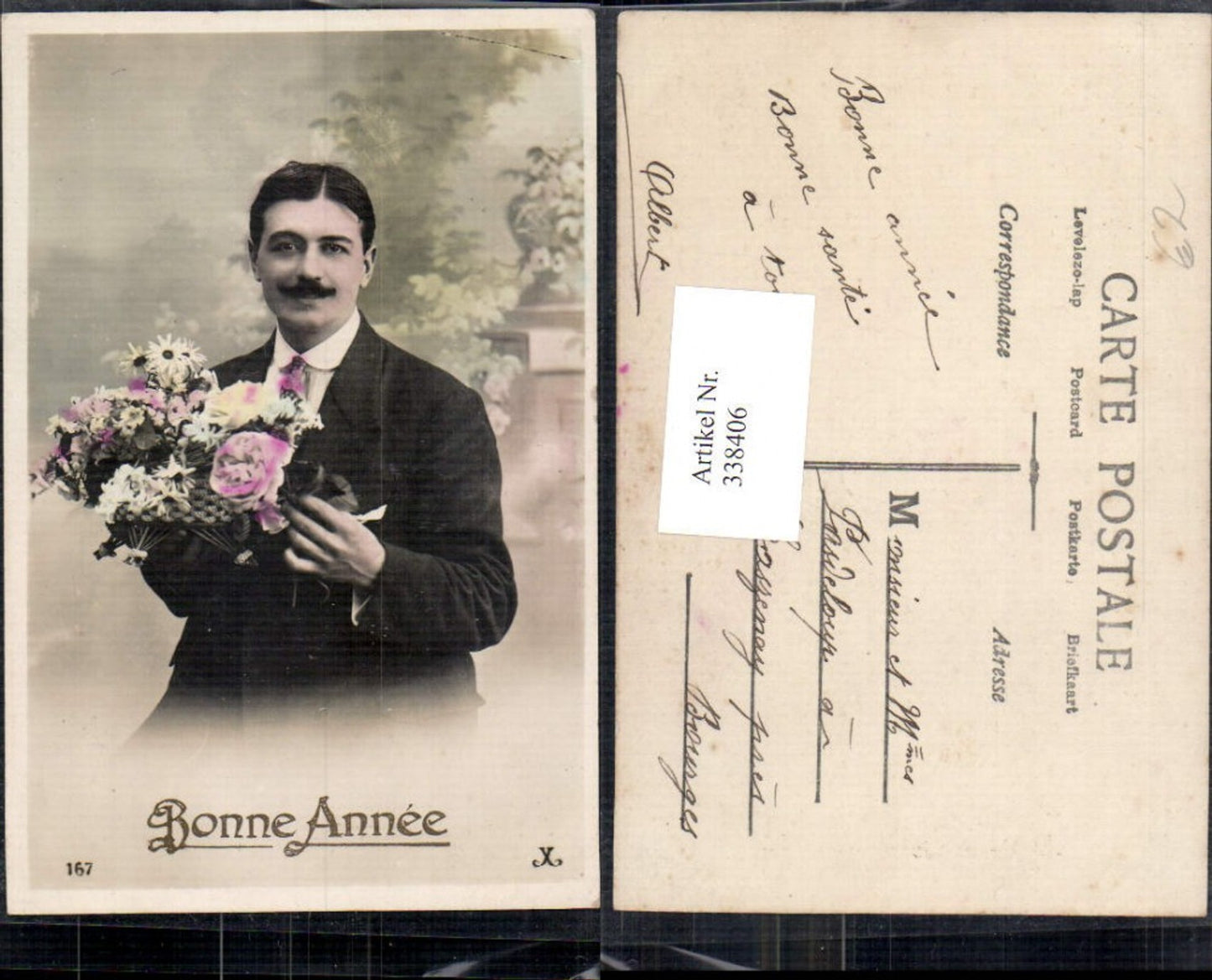 338406,Mann in Anzug Blumen Rosen Korb Bonne Annee