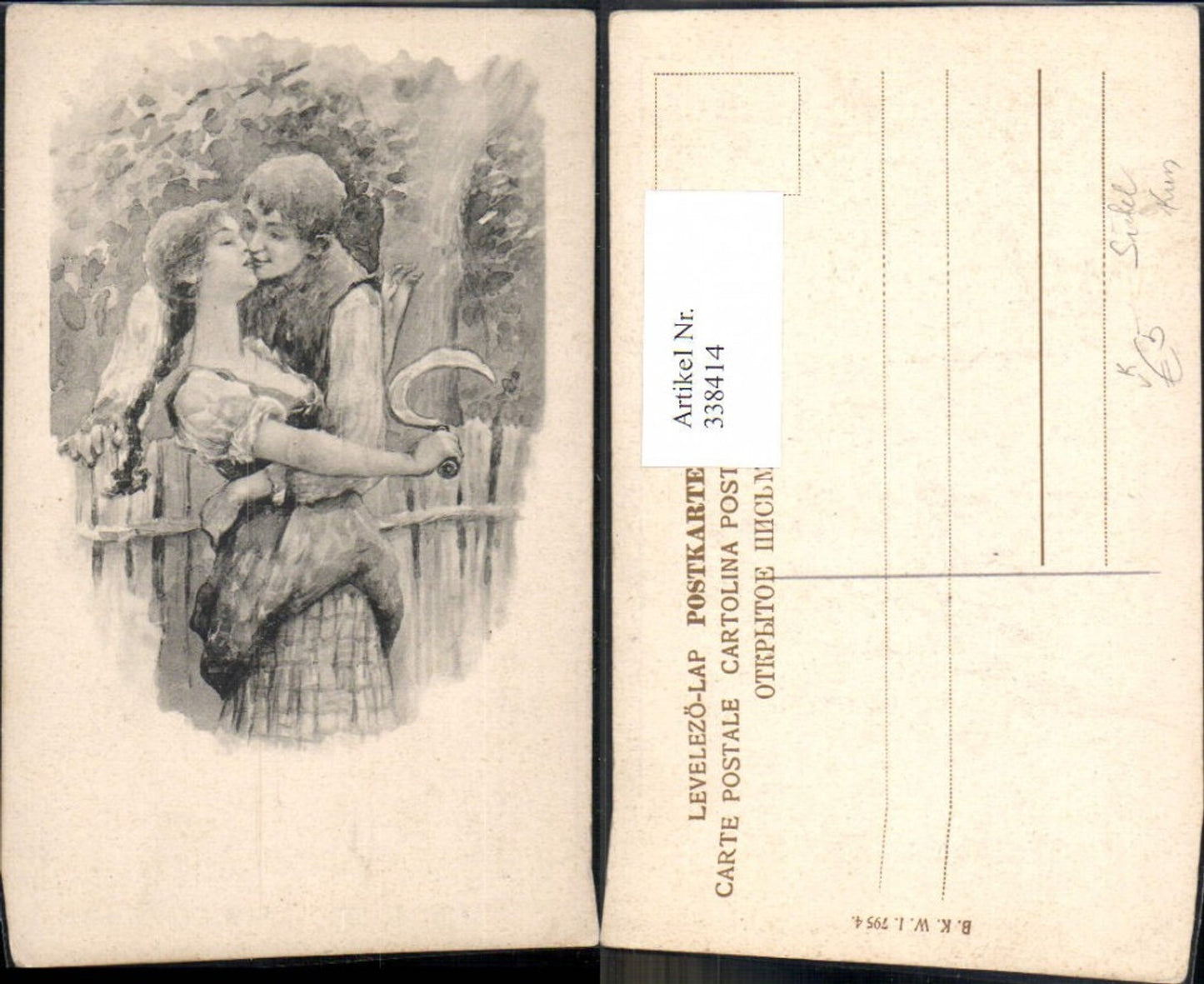 338414,Künstler Ak Liebe Paar Kuss Sichel i. Hand pub B.K.W.I. 7954