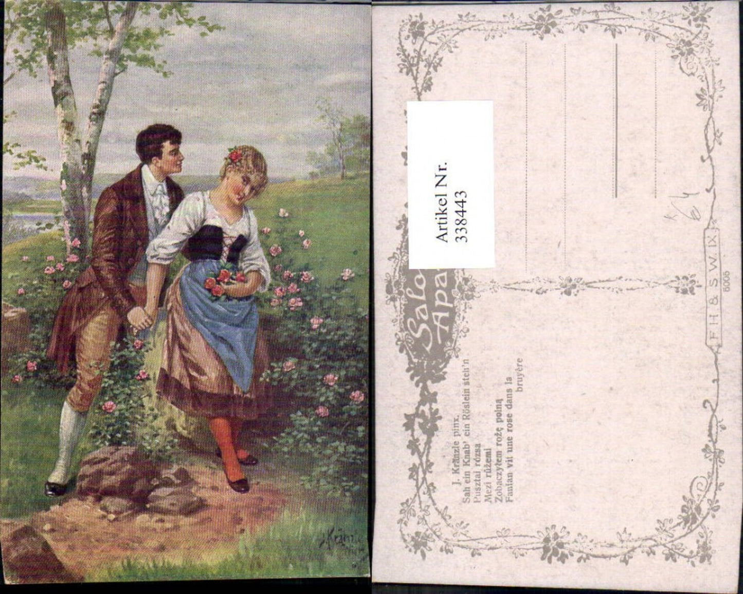 338443,Künstler Ak J. Kränzle Sah ein Knab ein Röslein stehn Liebe Paar Tracht Baum Birke