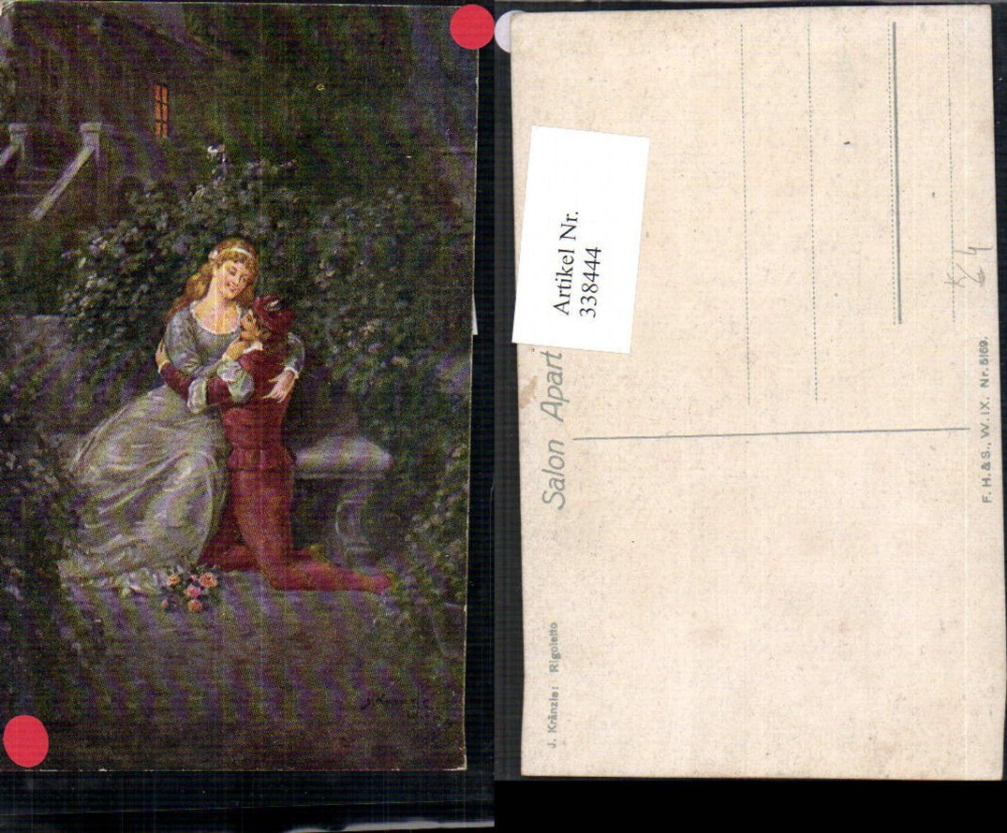 338444,Künstler Ak J. Kränzle Rigoletto Liebe Paar Umarmung Bank b. Nacht Theater