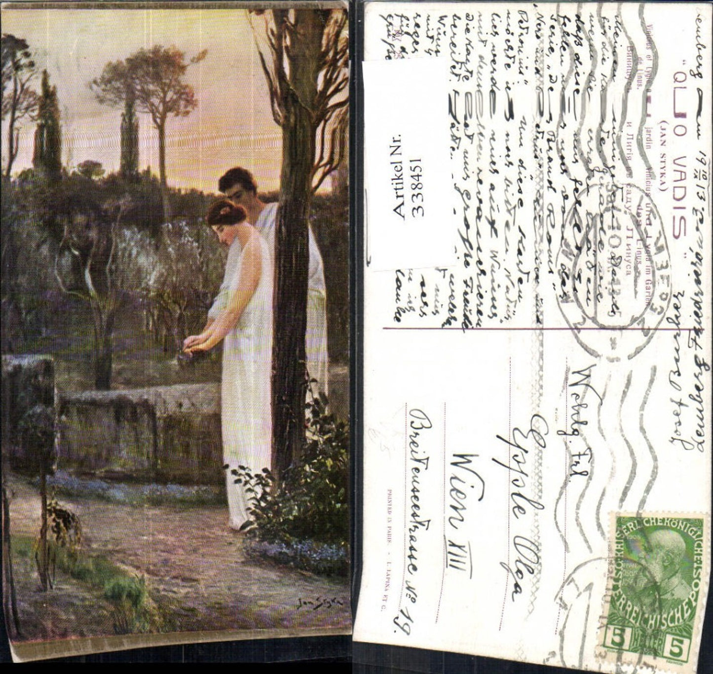 338451,Künstler Ak Jan Styka Vinicus und Lygia im Garten des Linus Liebe Paar pub Quo Vadis