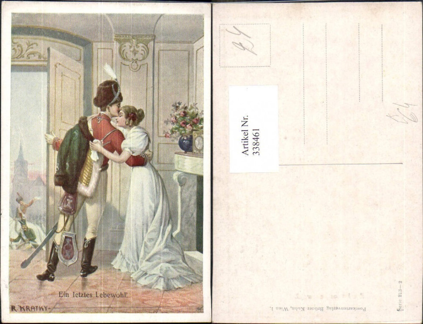 338461,Künstler Ak R. Kratky Ein letztes Lebewohl Liebe Paar Umarmung Soldat pub Brüder Kohn 223/2