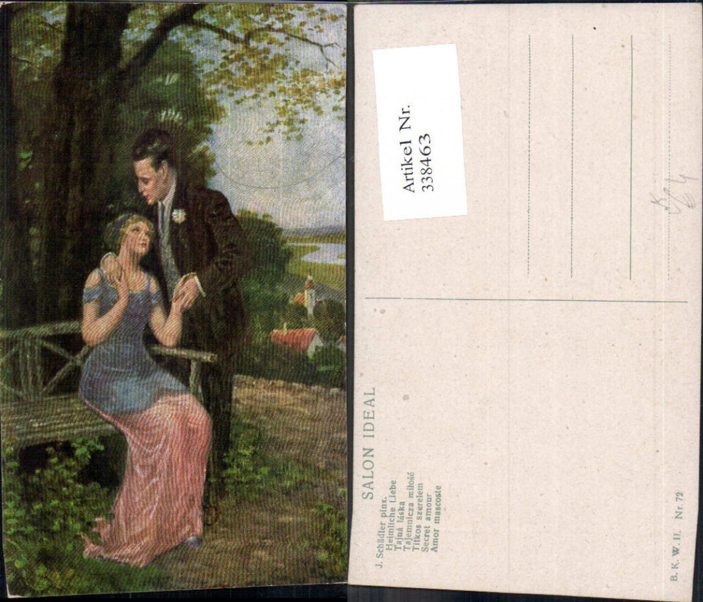 338463,Künstler Ak J. Schädler Heimliche Liebe Paar Händchenhalten Bank Baum pub B.K.W.I. 72