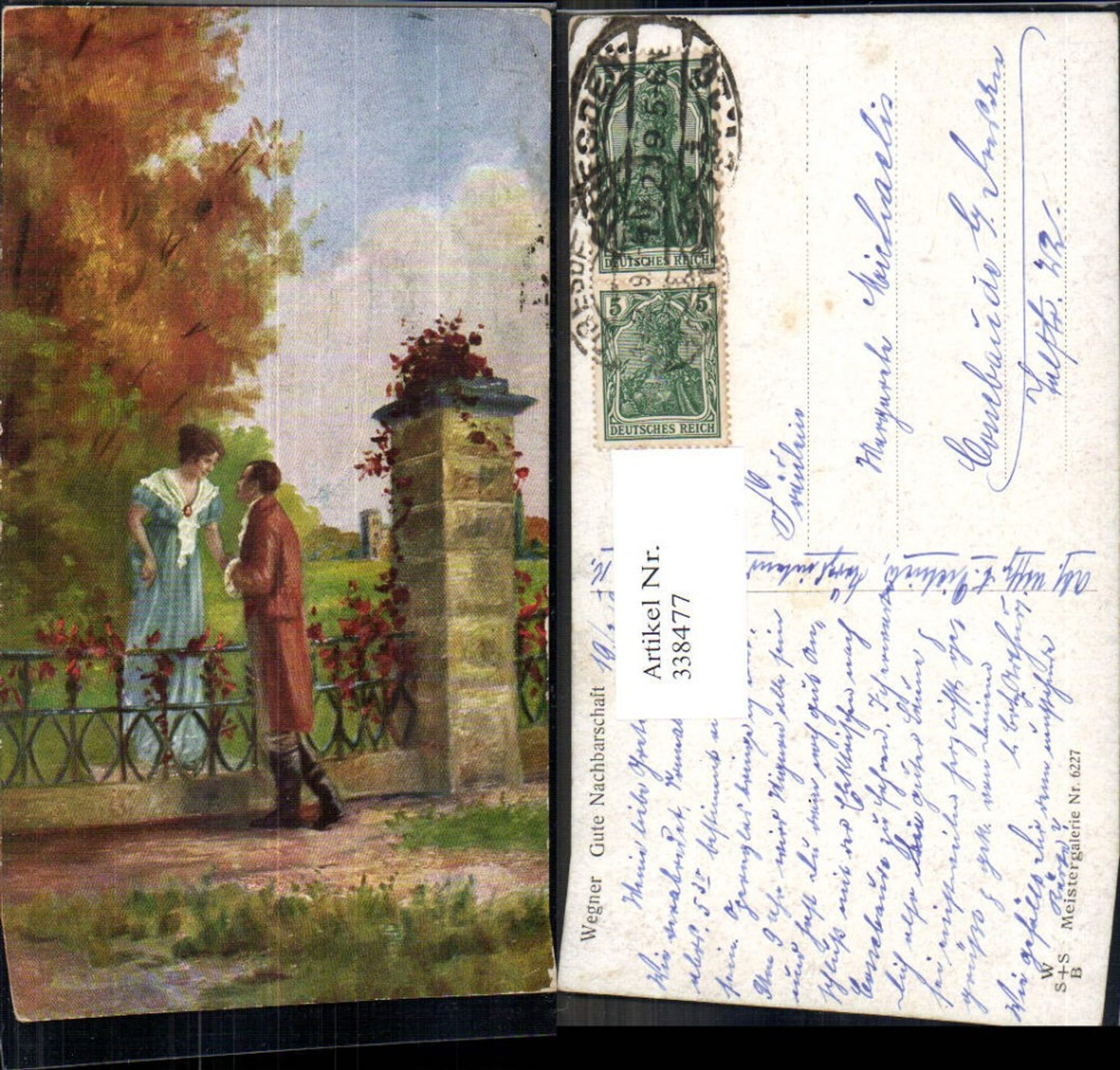 338477,Künstler Ak Wegner Gute Nachbarschaft Liebe Paar Verliebter Blick über Zaun