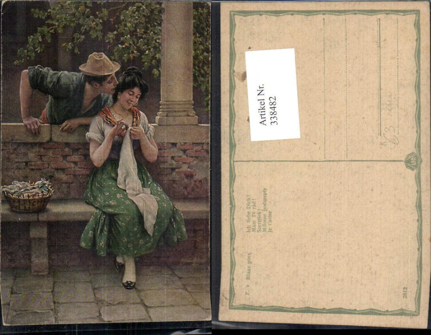 338482,Künstler Ak E. v. Blaas Ich liebe dich Liebe Paar Kuss a. Wange Frau Handarbeit Nähen