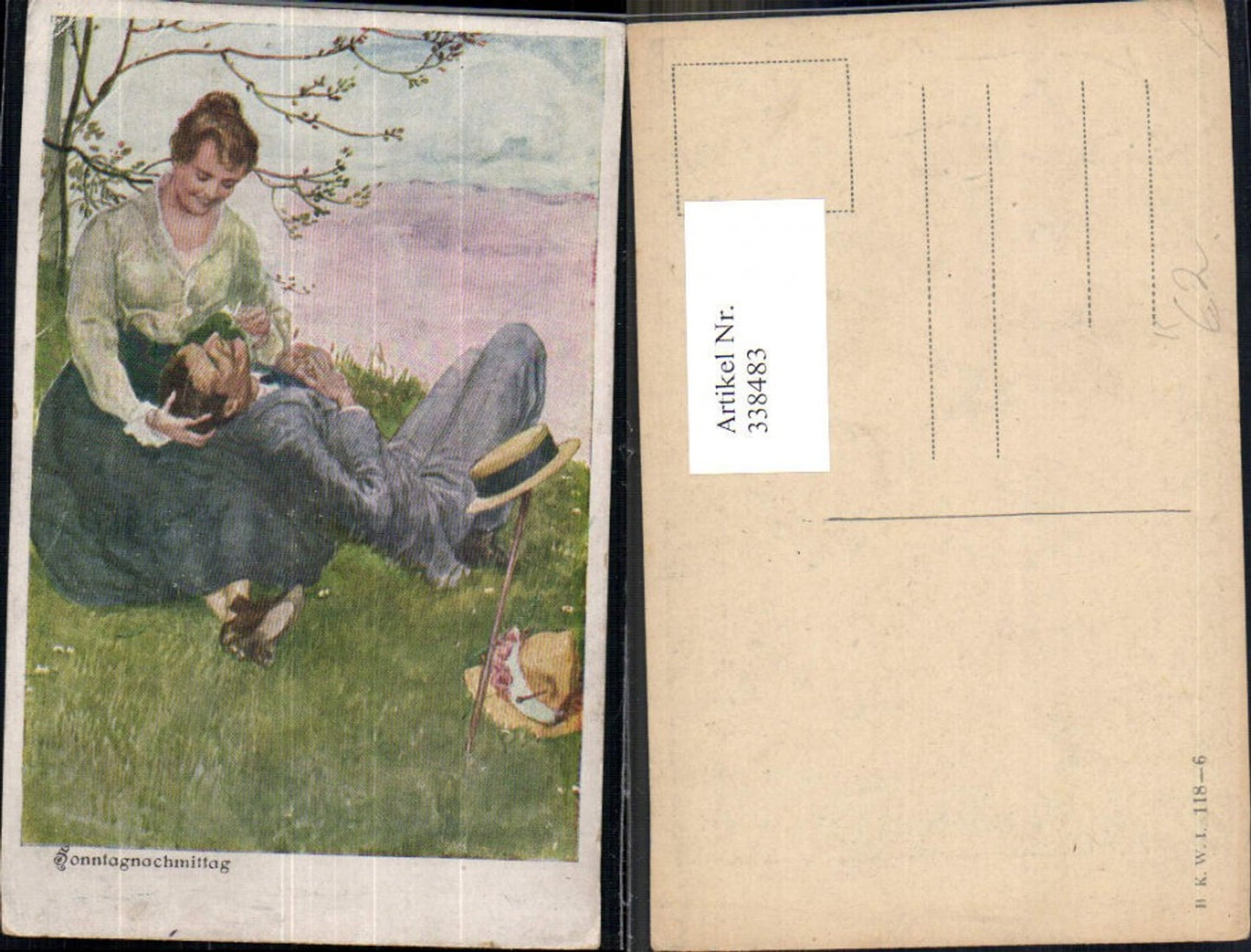 338483,Künstler Ak Liebe Paar Sonntagnachmittag Rast a. Wiese Verliebter Blick Rauchen pub B.K.W.I. 118/6