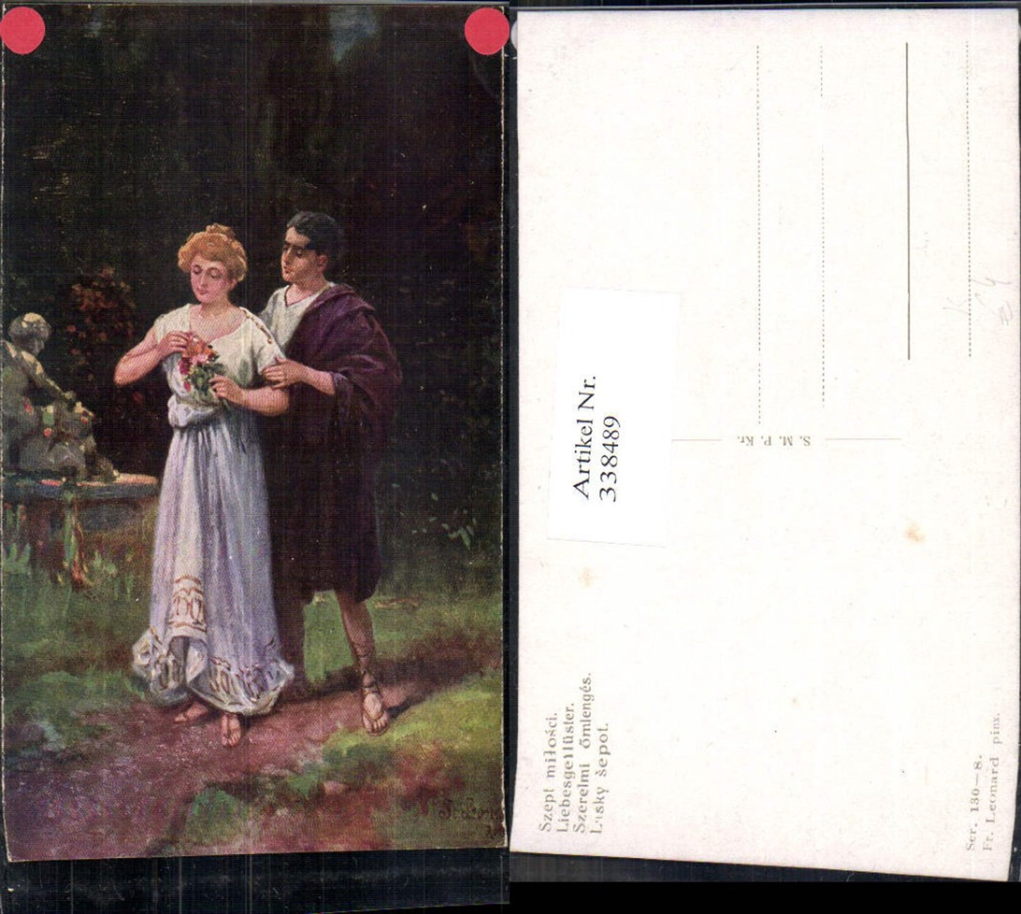 338489,Künstler Ak Fr. Leonard Liebesgeflüster Liebe Paar Blumenstrauß