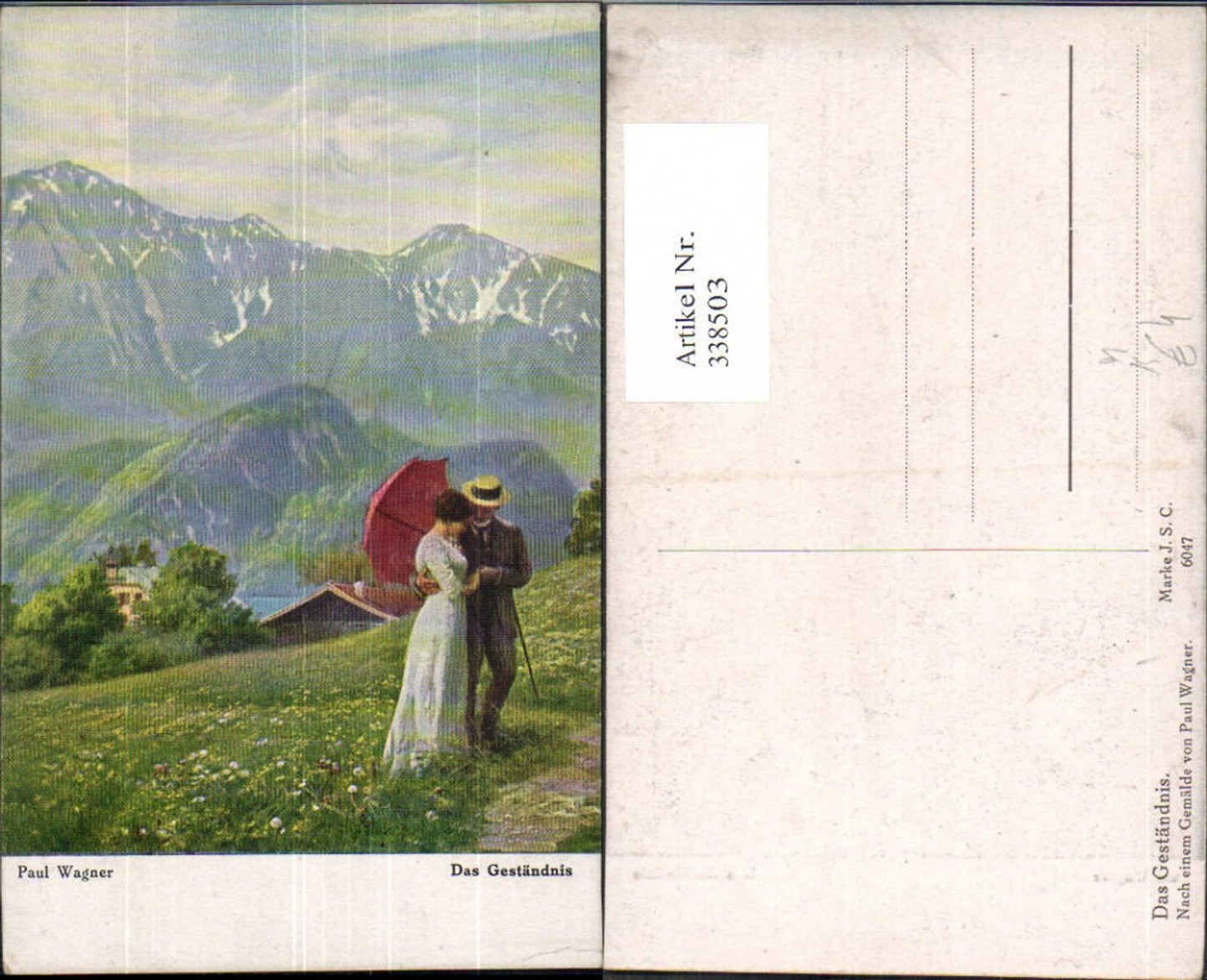 338503, Artist Ak Paul Wagner The Confession Love Couple Embrace against Mountain Backdrop Umbrella