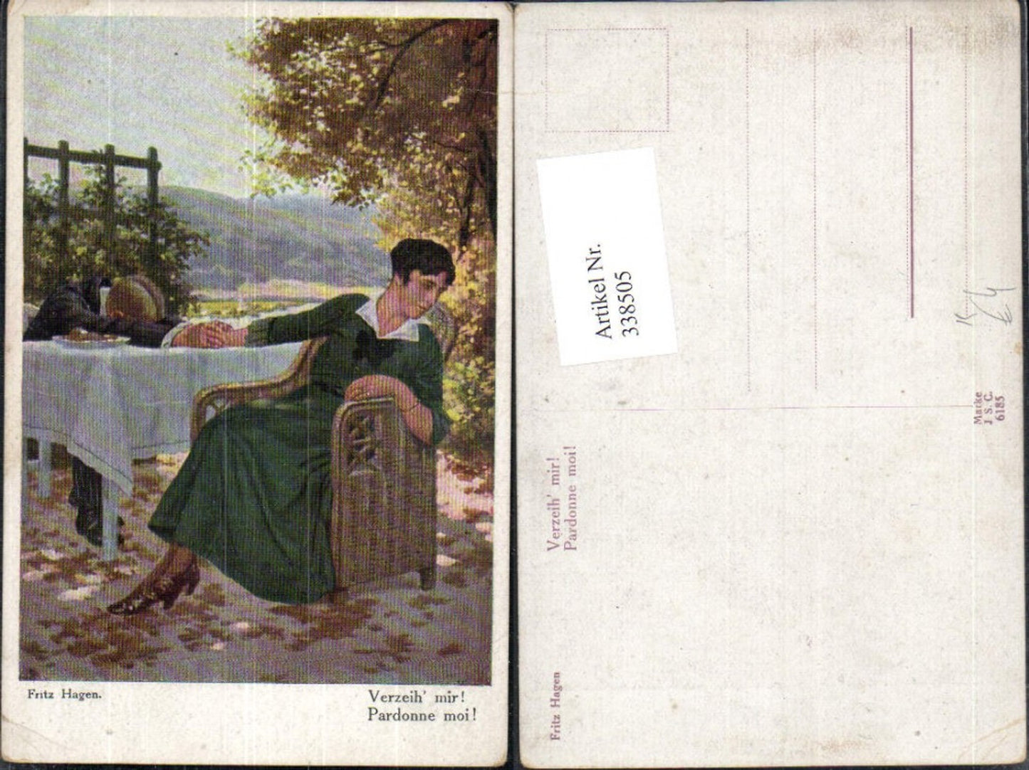 338505,Künstler Ak Fritz Hagen Verzeih mir Liebe Paar Händchenhalten a. Tisch