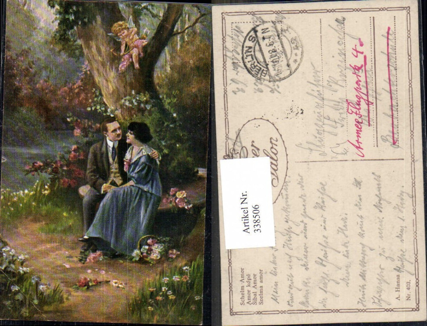 338506,Künstler Ak A. Hansa Schelm Amor Liebe Paar sitzen unter Baum Amor