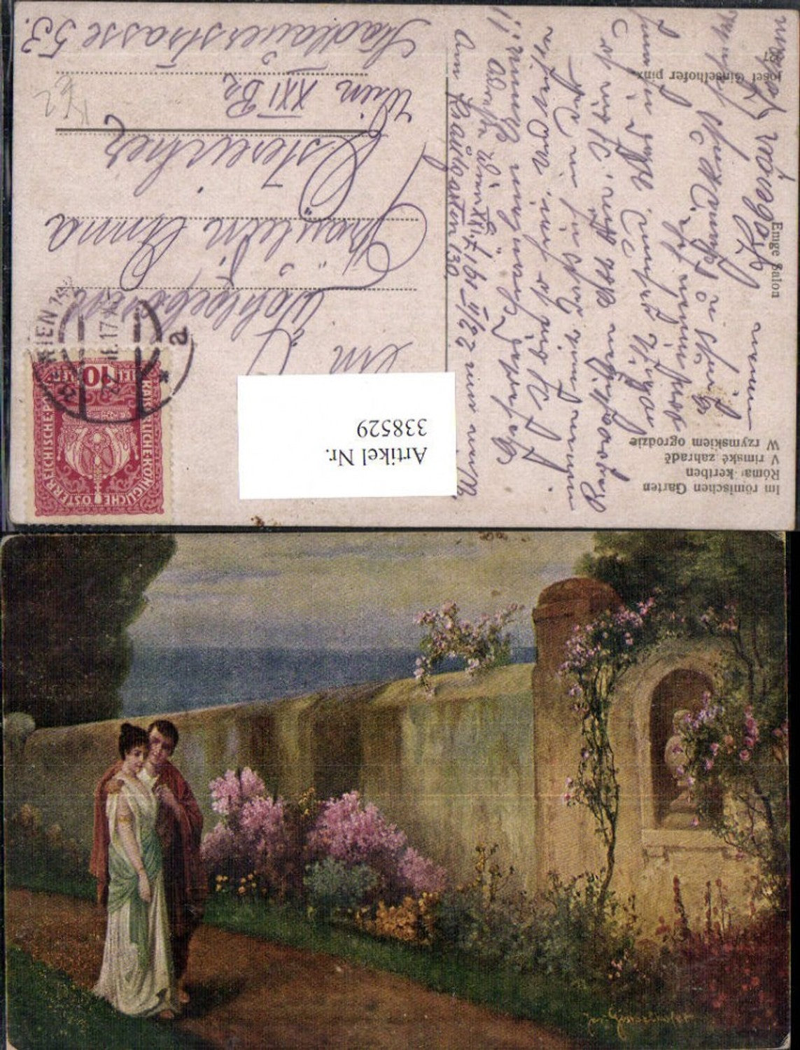 338529,Künstler Ak Josef Ginselhofer Im römischen Garten Liebe Paar Umarmung