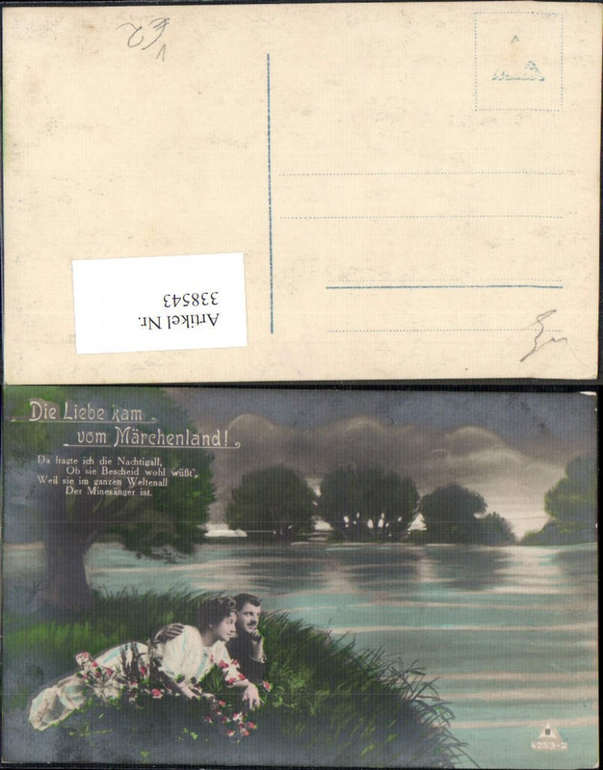 338543,Foto Ak Liebe Paar Umarmung Ufer Fluss Die Liebe kam v. Märchenland Text pub RPH 4253/2