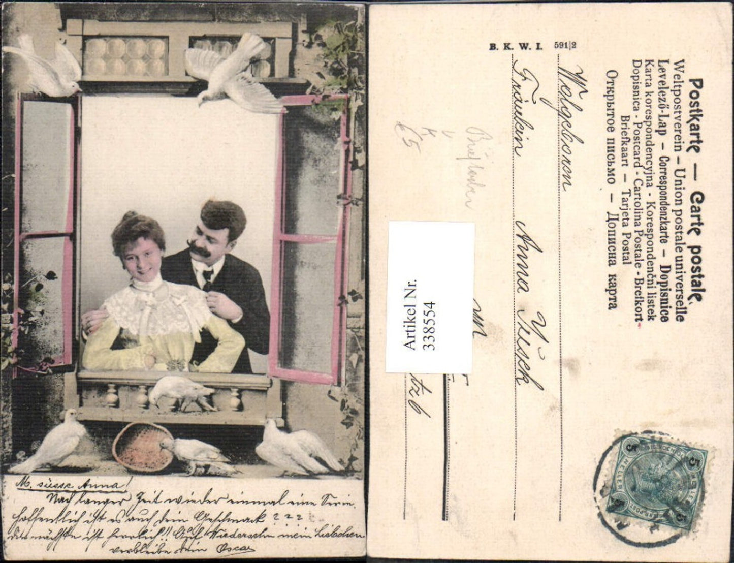 338554,Künstler Ak Liebe Paar Umarmung Brieftauben Tauben pub B.K.W.I. 591/2