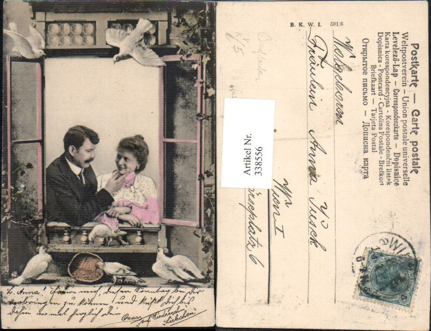 338556,Künstler Ak Liebe Paar Verliebter Blick Brieftauben Tauben pub B.K.W.I. 591/6
