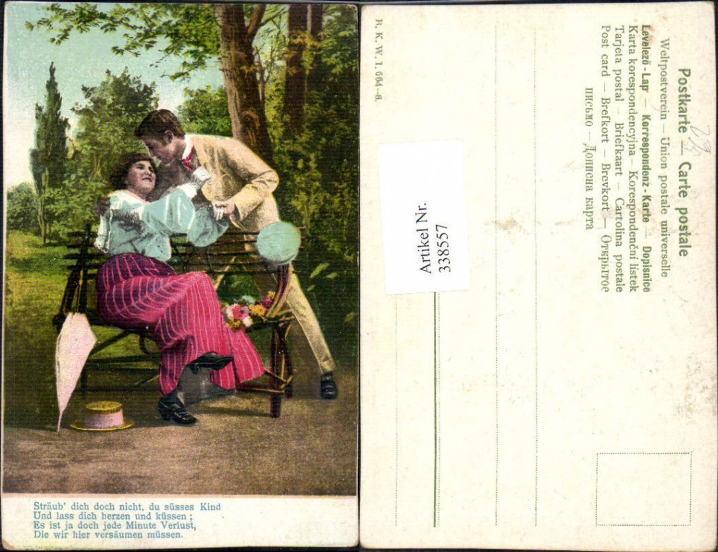 338557,Künstler Ak Liebe Paar Kuss Bank Schirm Hut pub B.K.W.I. 664/6