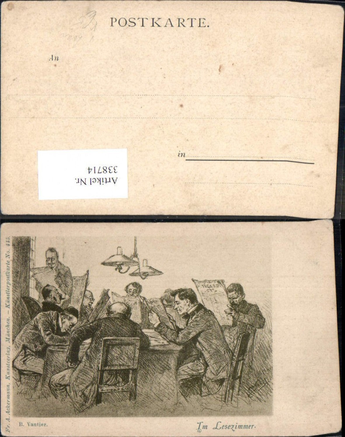 338714,Künstler Ak B. Vautier Im Lesezimmer Lesen Männer Zeitung Lampe pub F. A. Ackermann 445