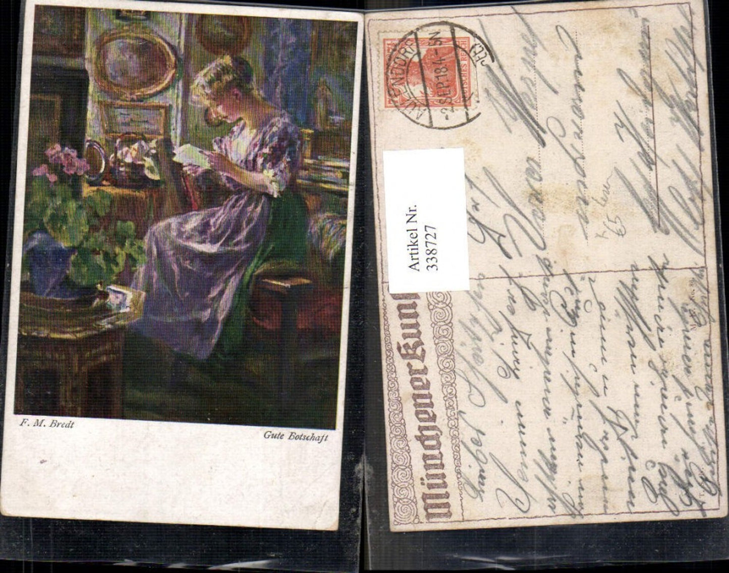 338727,Künstler Ak F. M. Bredt Gute Botschaft Lesen Frau m. Brief a. Fenster