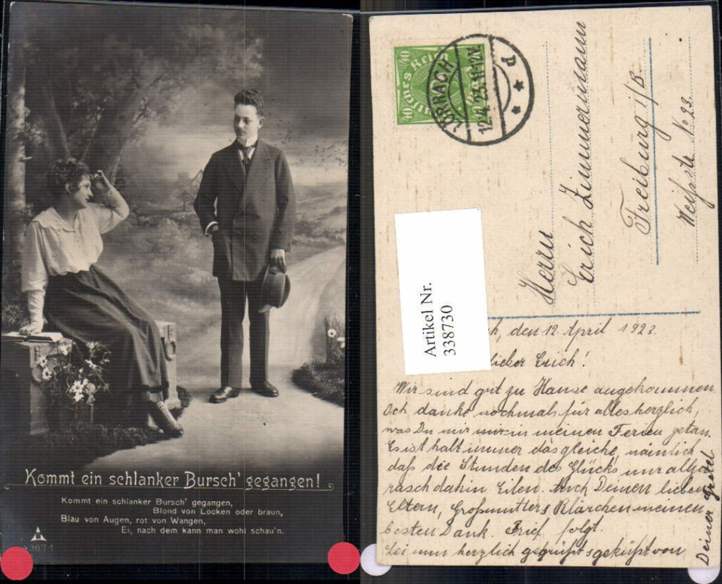338730,Lesen Frau m. Buch a. Bank sitzend Mann Spruch Kommt ein schlanker Bursch gegangen