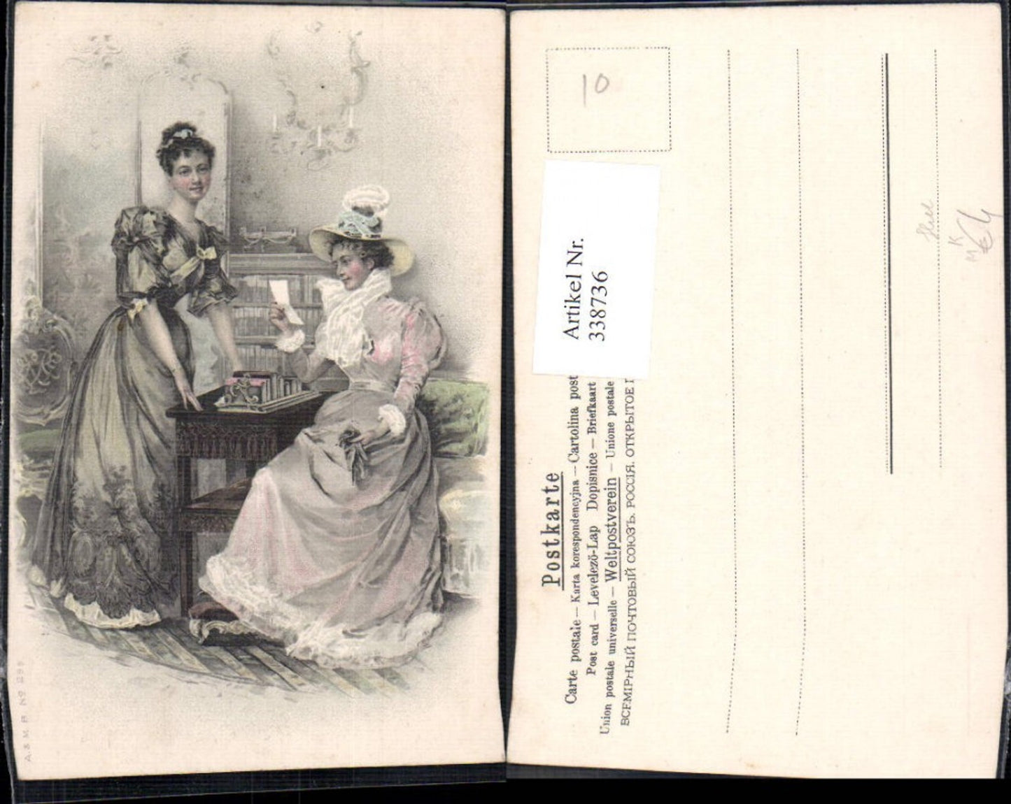 338736,Künstler Ak Frauen b. Schreibtisch Lesen Hut Mode