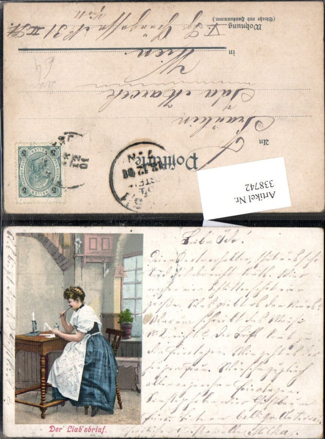 338742,Lesen Frau Tracht a. Schreibtisch Schreiben Kerze Feder Tintenfass Der Liabsbriaf