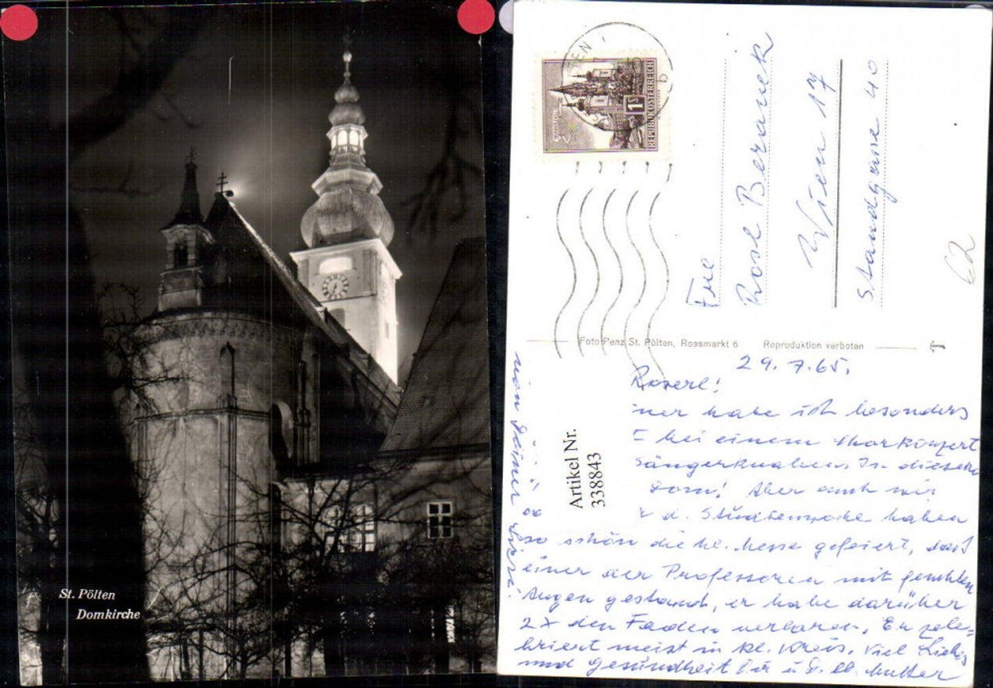338843,Foto Ak Kirche St Pölten Domkirche Ansicht b. Nacht 1965