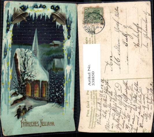 338850,Künstler Ak Kirche Menschen m. Laterne Winternacht Neujahr Glocke