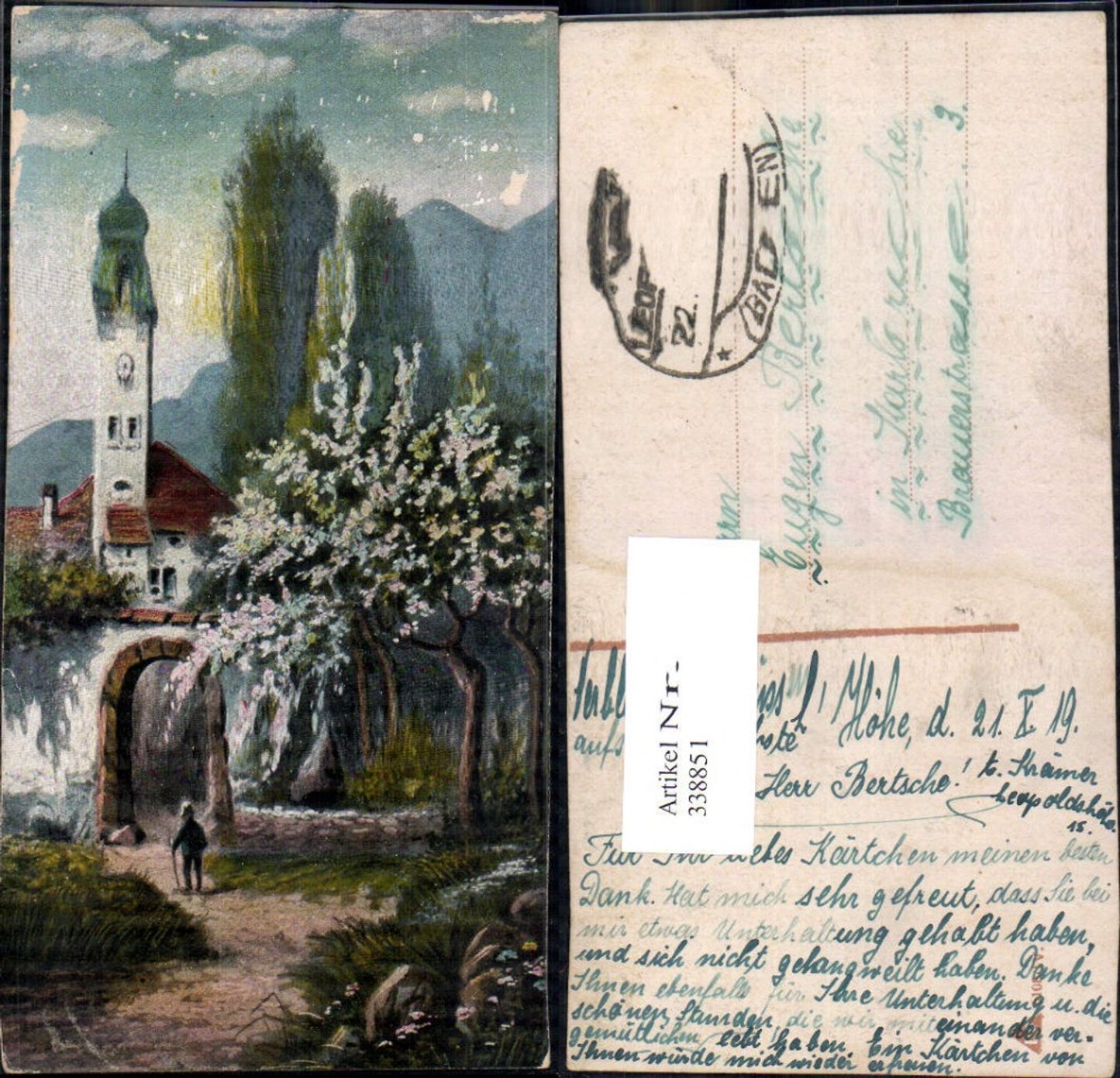 338851,Künstler Ak Alter Mann Kirche Blühende Bäume Landschaft