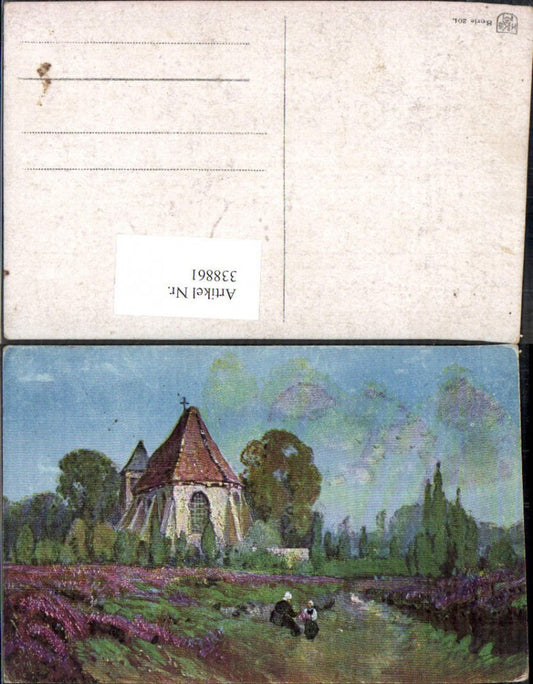 338861,Künstler Ak Kirche Frau a. Feld Landschaft