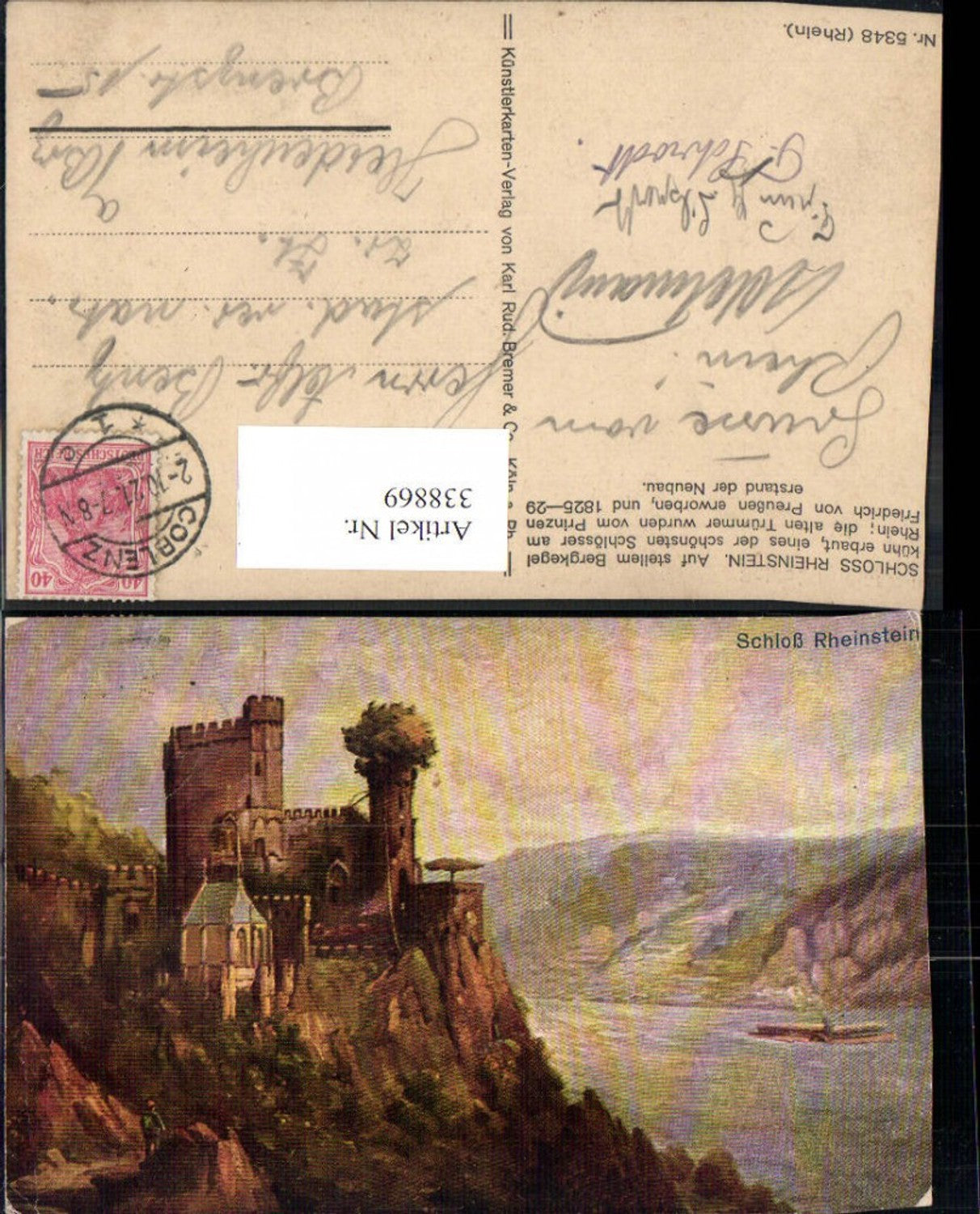 338869,Künstler Ak Schloss Rheinstein a. Rhein Trechtingshausen Schiff Dampfer