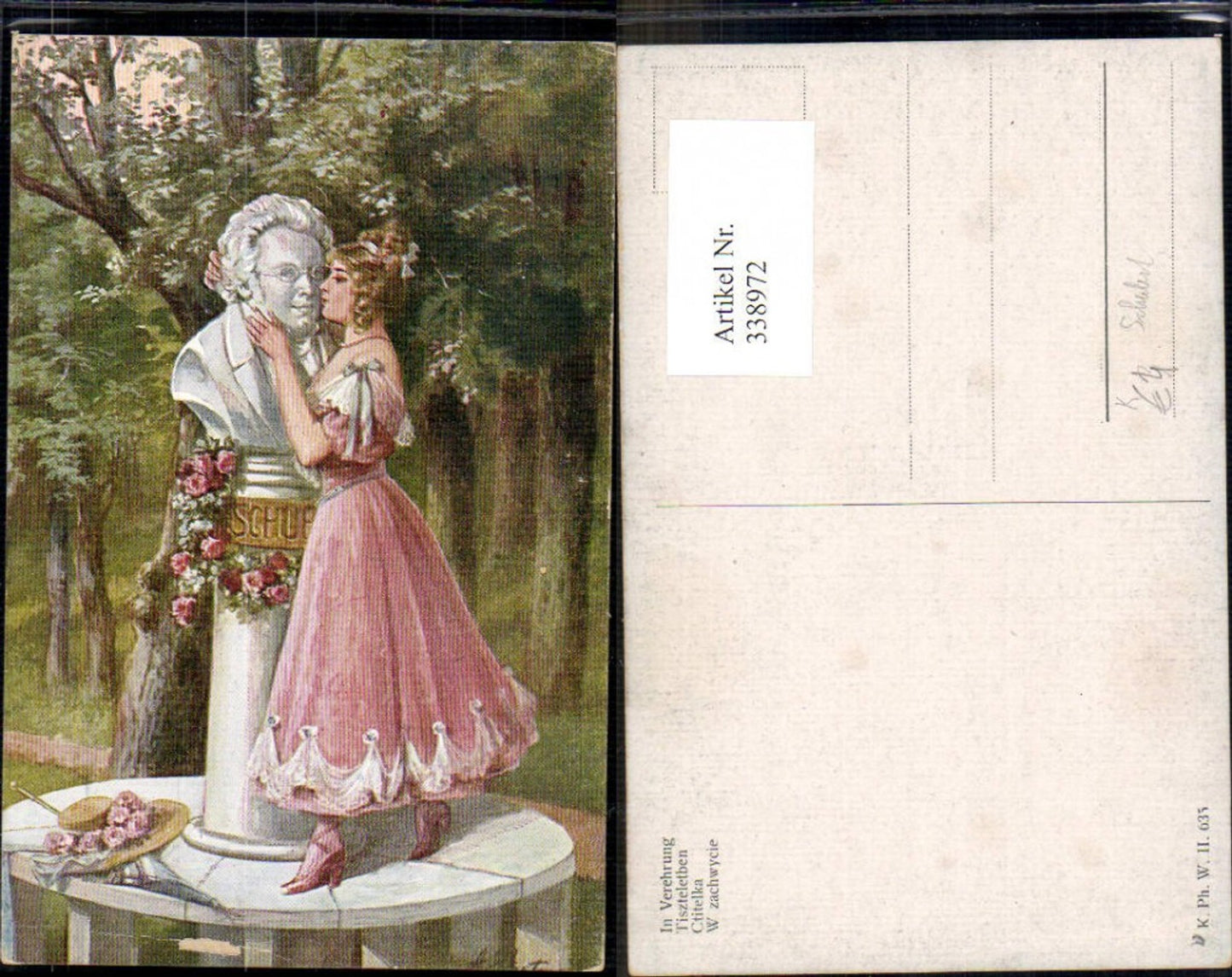 338972,Künstler Ak In Verzehrung Frau küsst Schubert Denkmal Statue Komponist Musik