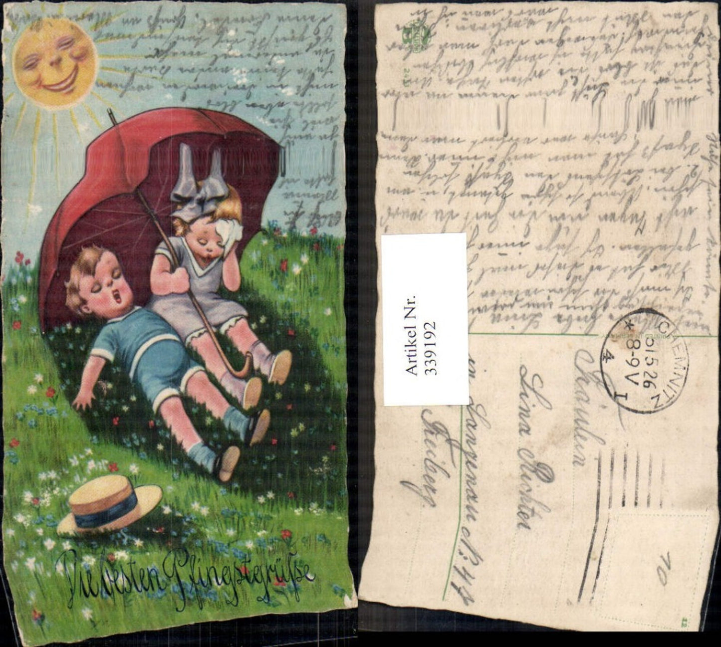 339192,Künstler Ak Kinder unter Schirm Sonne Sonnengesicht Blumenwiese Hut Pfingsten
