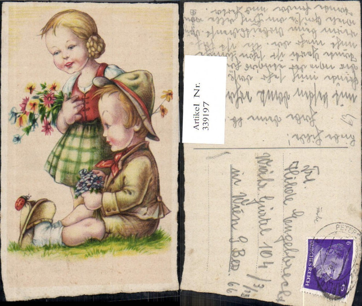 339197,Künstler Ak Kinder Blumen Marienkäfer Tracht