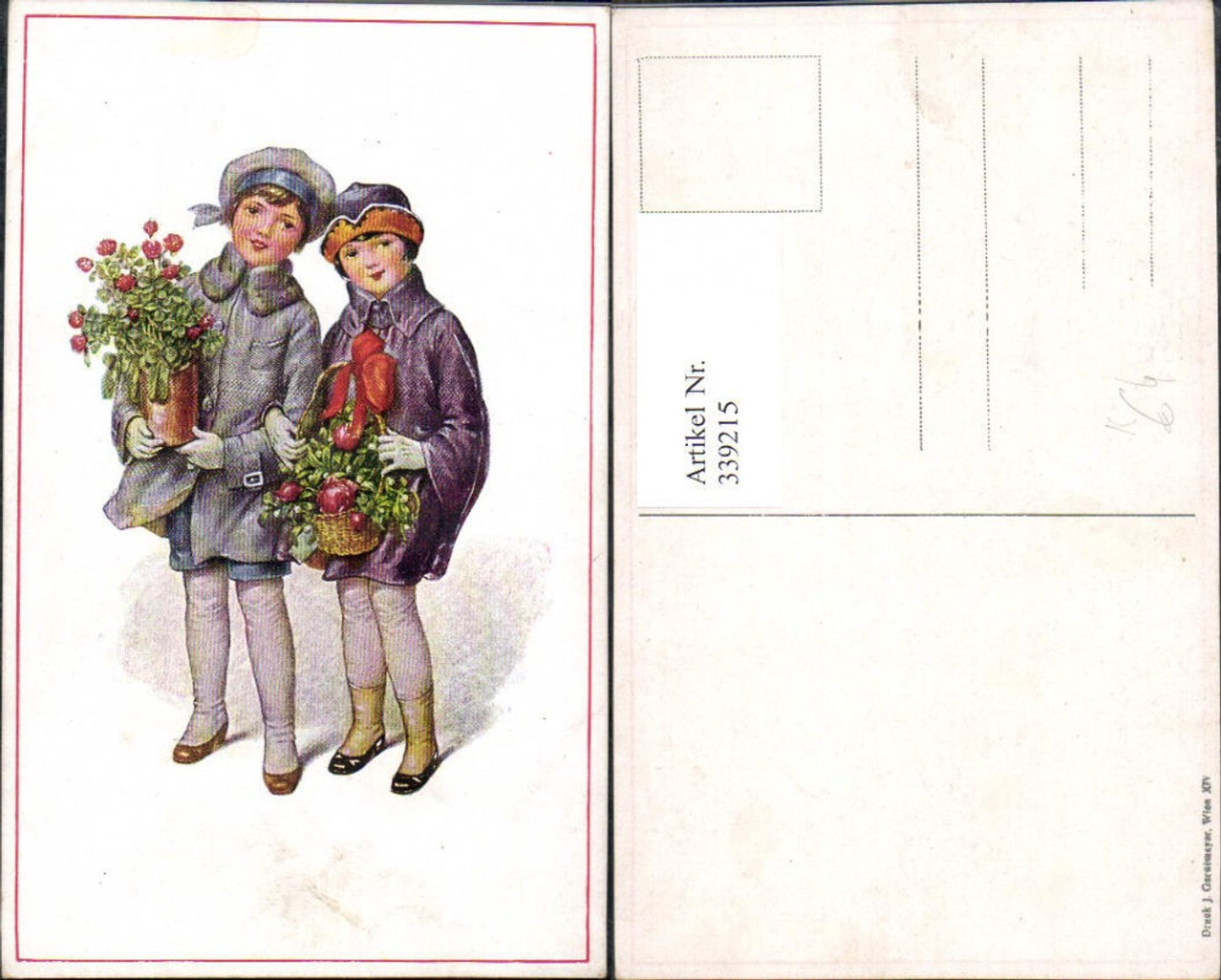 339215,Künstler Ak Kinder Mädchen Mode Mütze Pelzkragen Mantel Korb Rosen Blumen