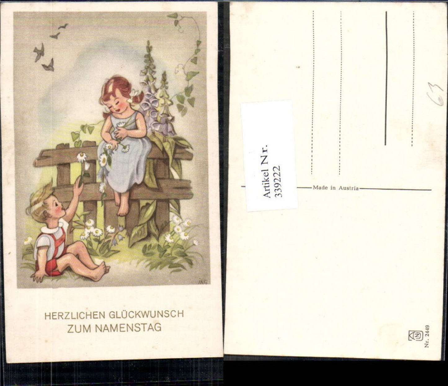 339222,Künstler Ak Kinder b. Holzzaun Blumen Vögel Namenstag