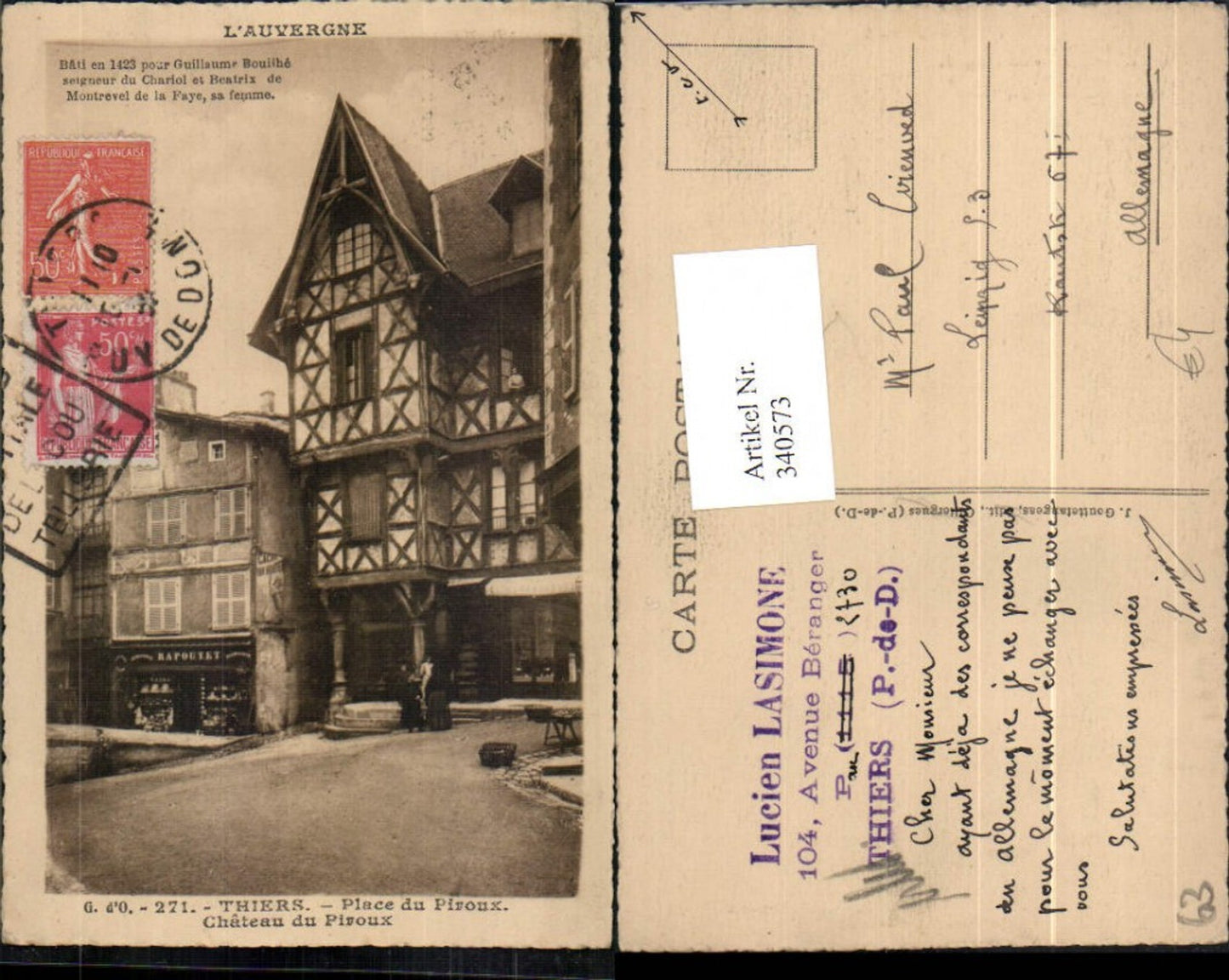 340573,Auvergne Puy de Dome Thiers Place du Piroux Chateau du Piroux Haus Schloss