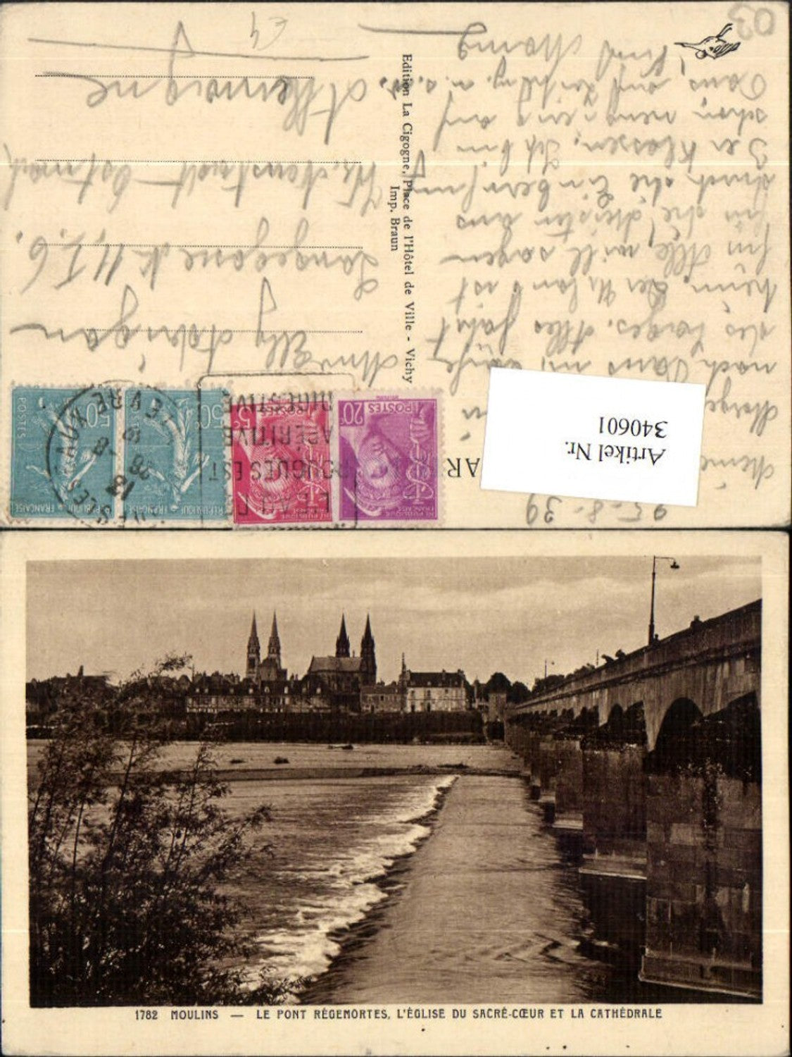 340601,Auvergne Allier Moulins Pont Regemortes l'Eglise du Sacre-Coeur et la Catehdrale Brücke